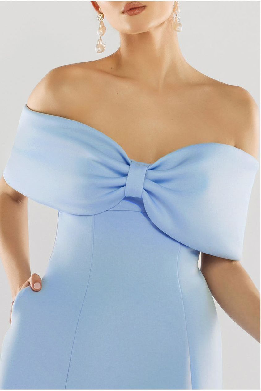Bow Off The Shoulder A Line Midi Dress - Baby Blue by Goddiva