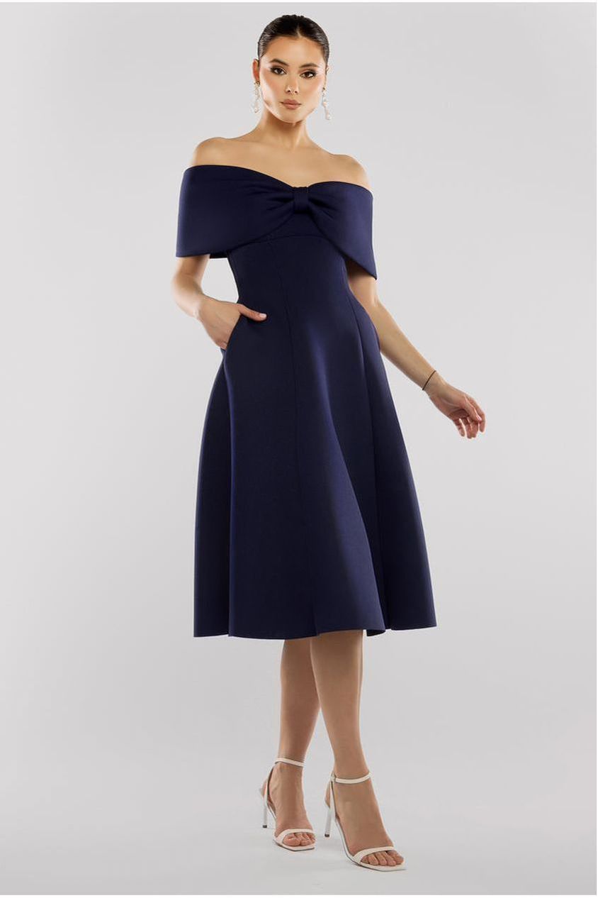 Bow Off The Shoulder A Line Midi Dress - Navy Blue by Goddiva