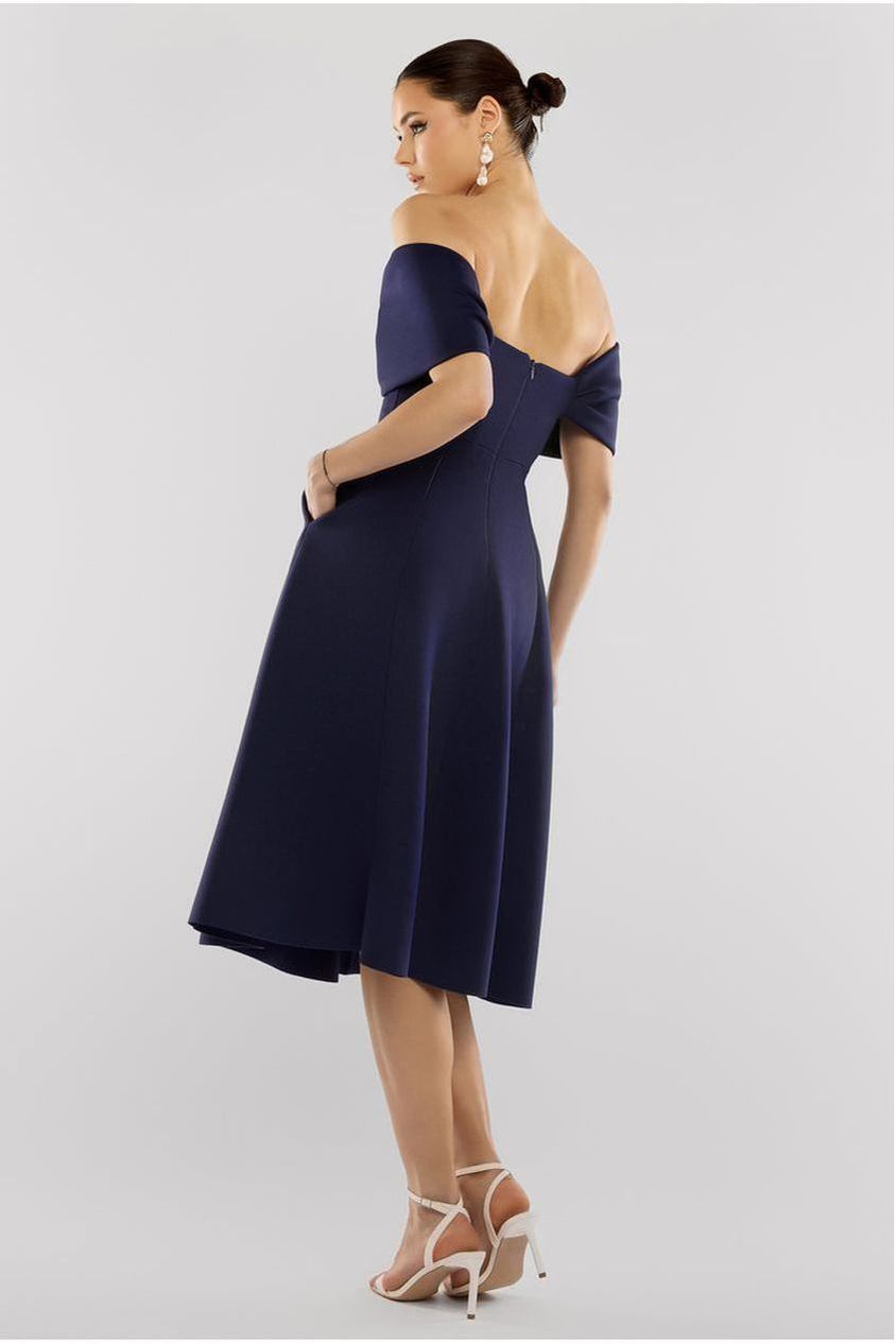 Bow Off The Shoulder A Line Midi Dress - Navy Blue by Goddiva