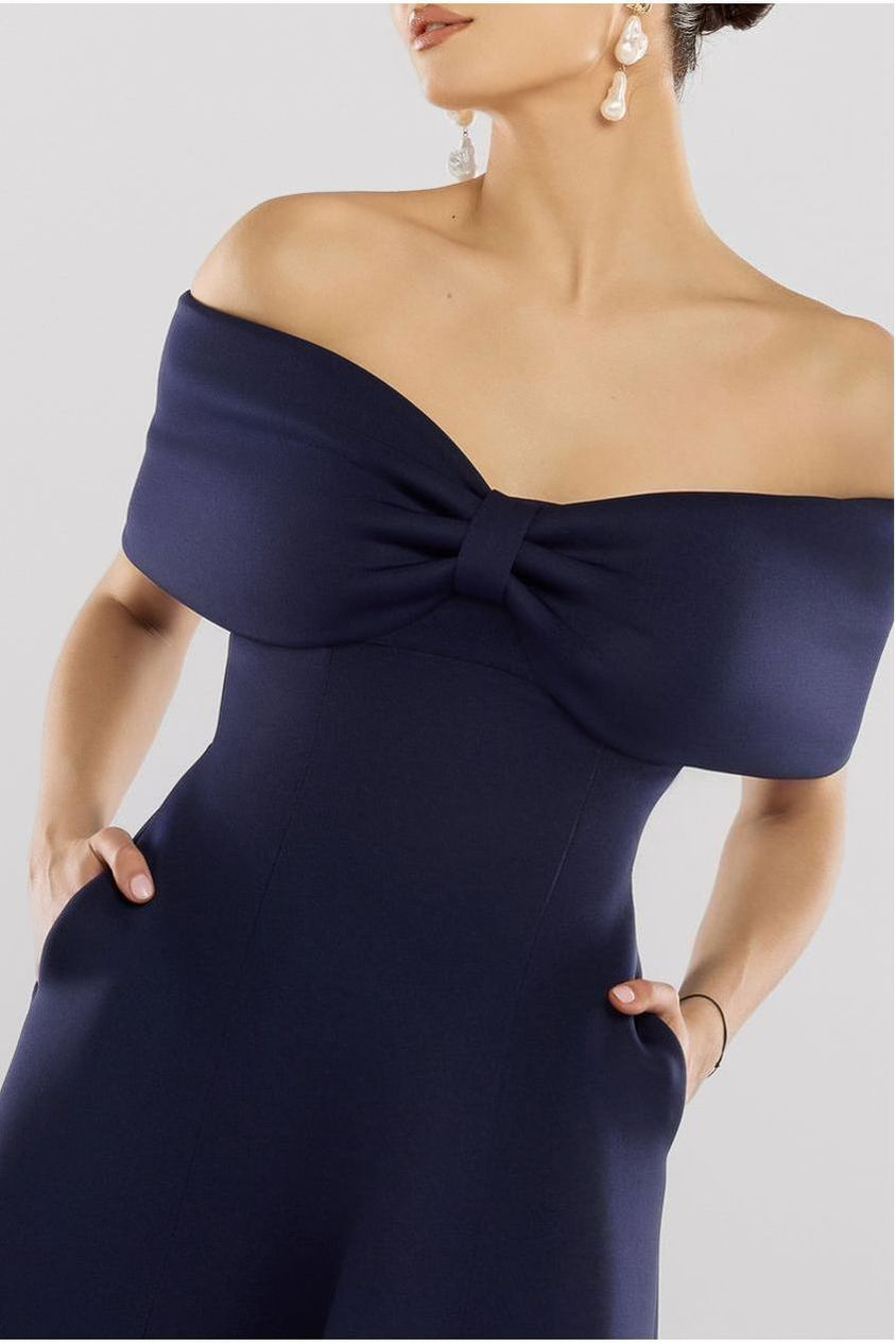 Bow Off The Shoulder A Line Midi Dress - Navy Blue by Goddiva