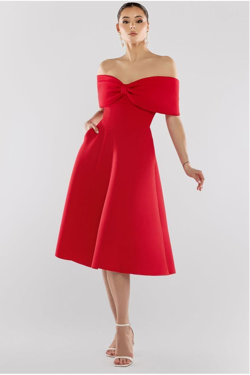 Bow Off The Shoulder A Line Midi Dress - Red by Goddiva