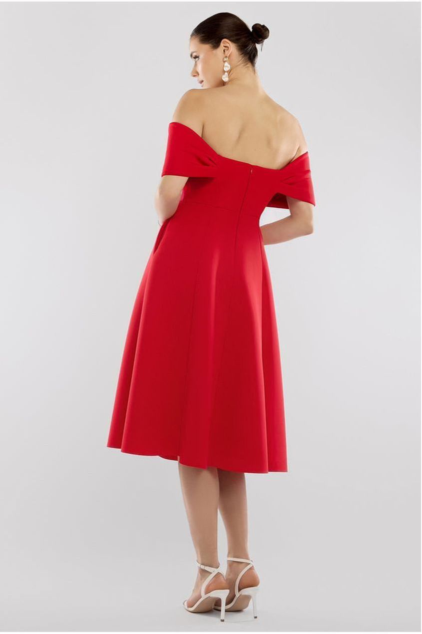 Bow Off The Shoulder A Line Midi Dress - Red by Goddiva