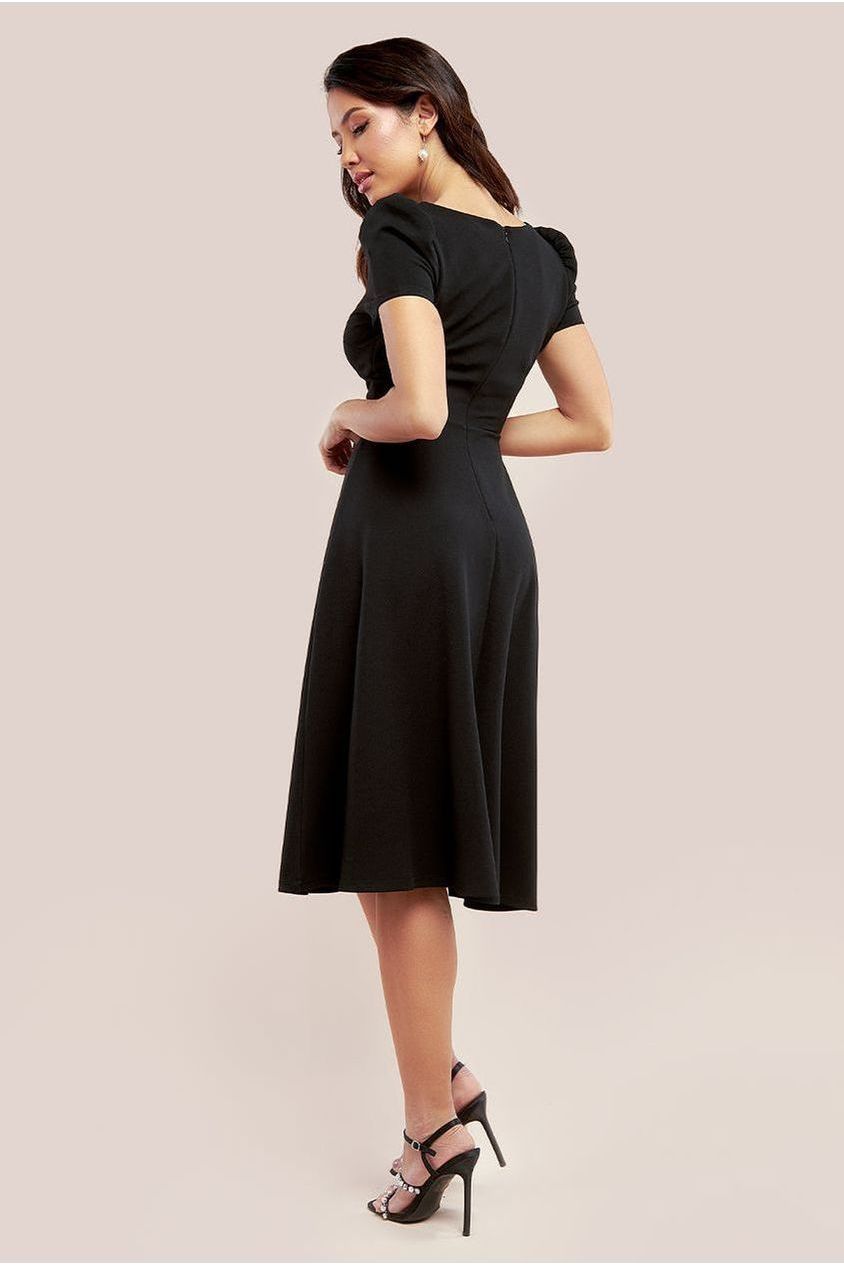 Front Frill Flared Scuba Midi Dress - Black by Goddiva