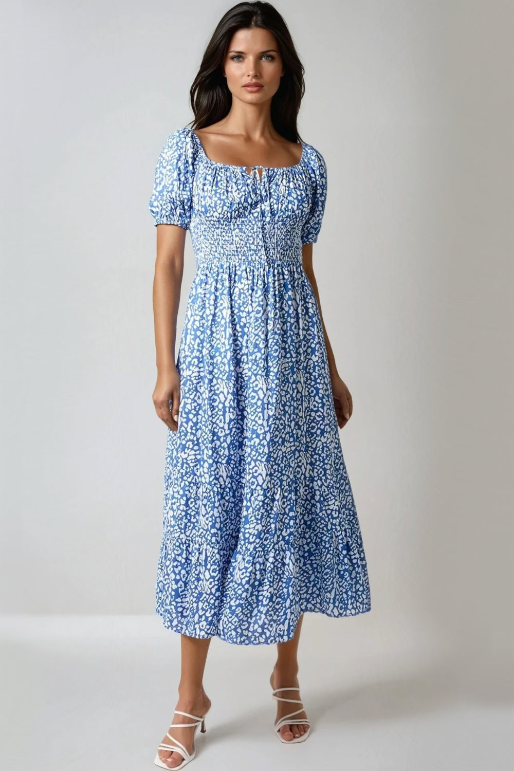 Blue Animal Print Shirred Midi Dress by Aftershock London