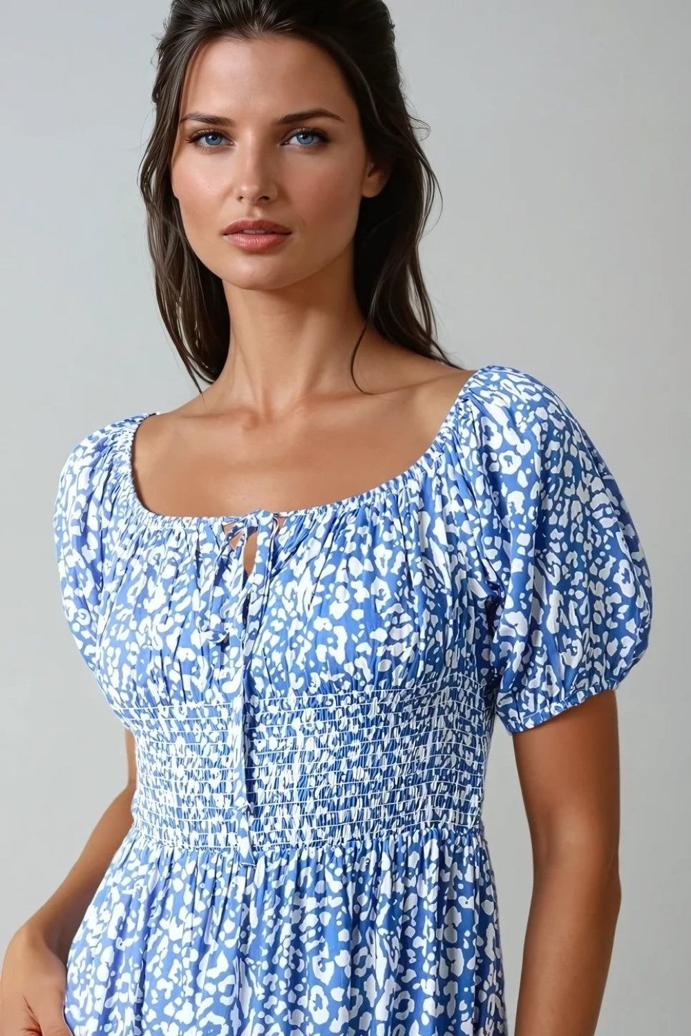 Blue Animal Print Shirred Midi Dress by Aftershock London