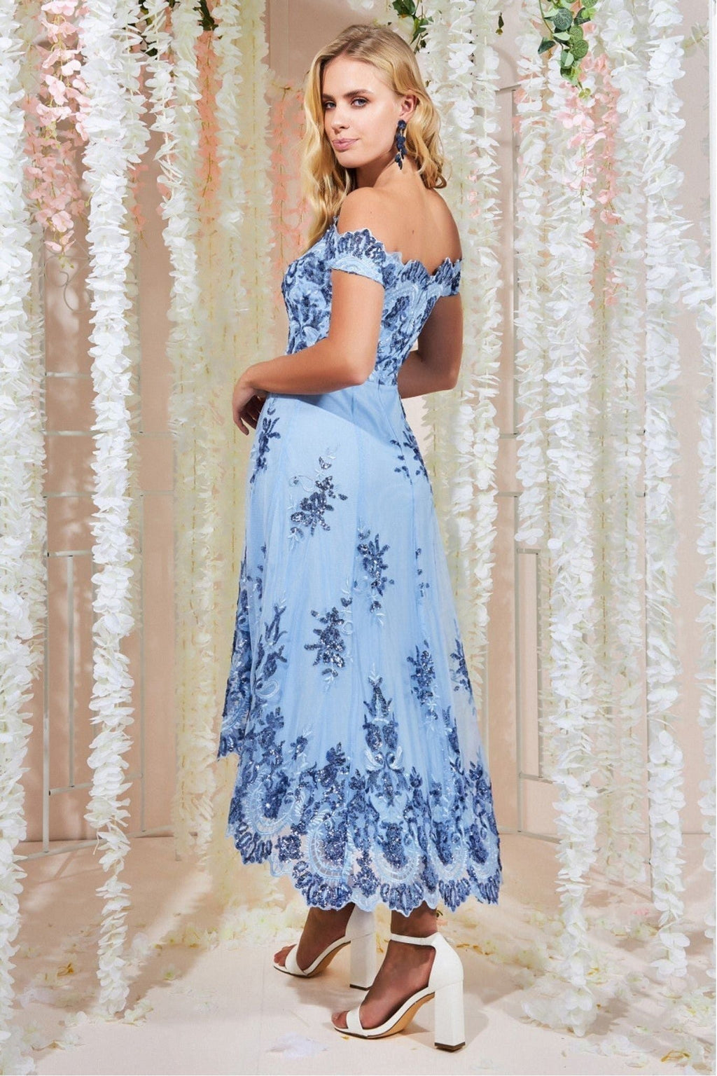 Bardot Sequin & Lace High Low Midi - Powderblue by Goddiva