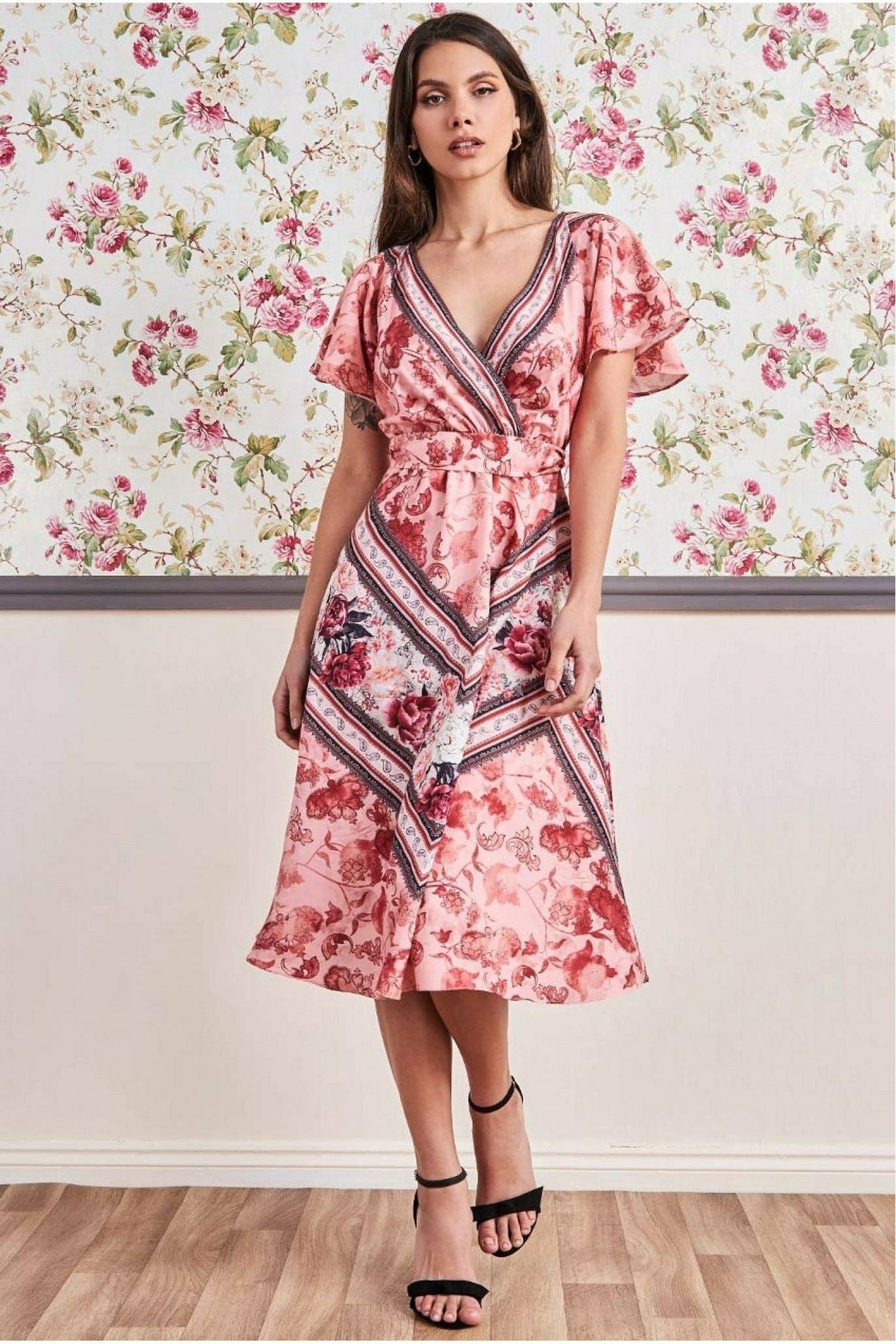 Flutter Sleeve Wrap Style Midi Dress - Peach by Goddiva