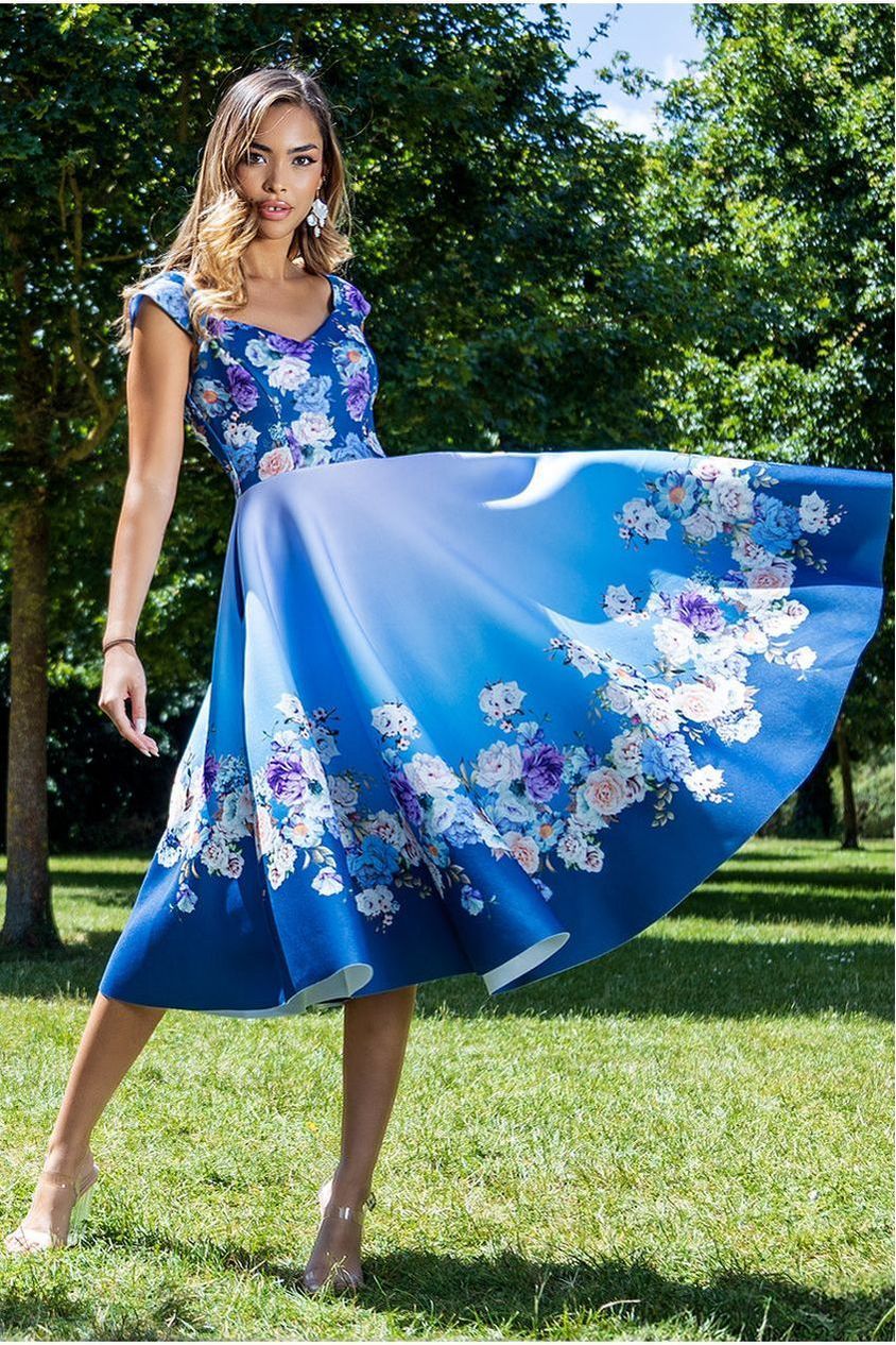 Floral Printed Scuba Foam Skater Dress - Blue by Goddiva