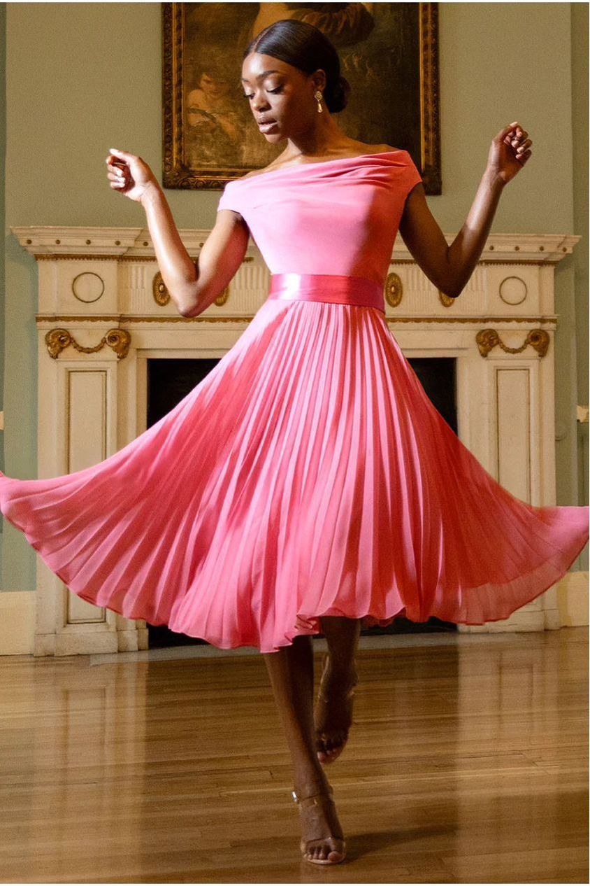 Cowl Neck Pleated A-Line Chiffon Midi Dress - Coral by Goddiva