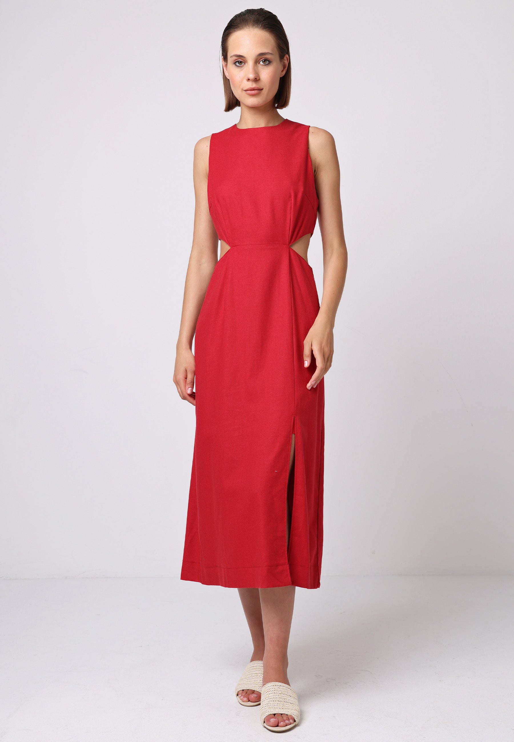 Linen Midi Dress With Side Cut Outs by Angeleye