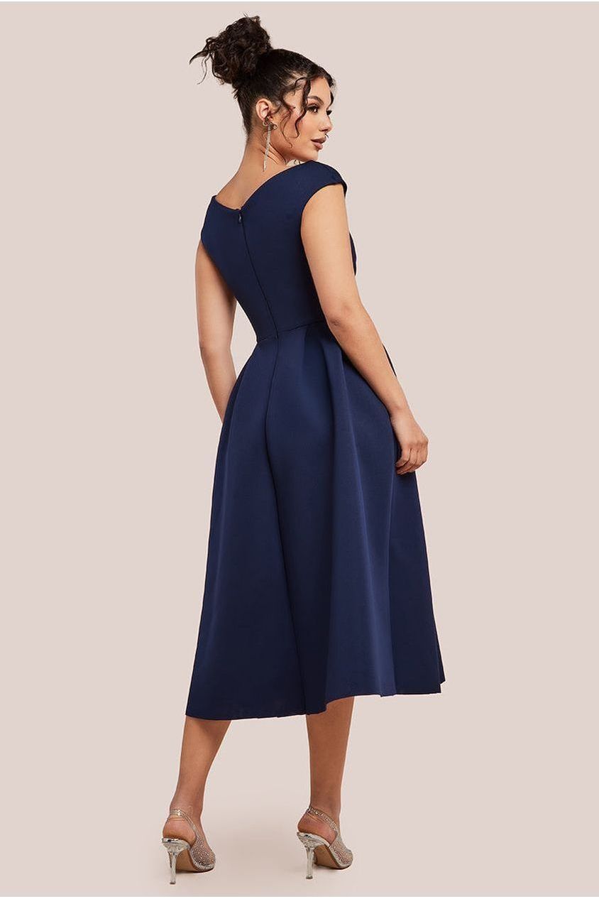 Corset Fit & Flare Midi Dress - Navy by Goddiva