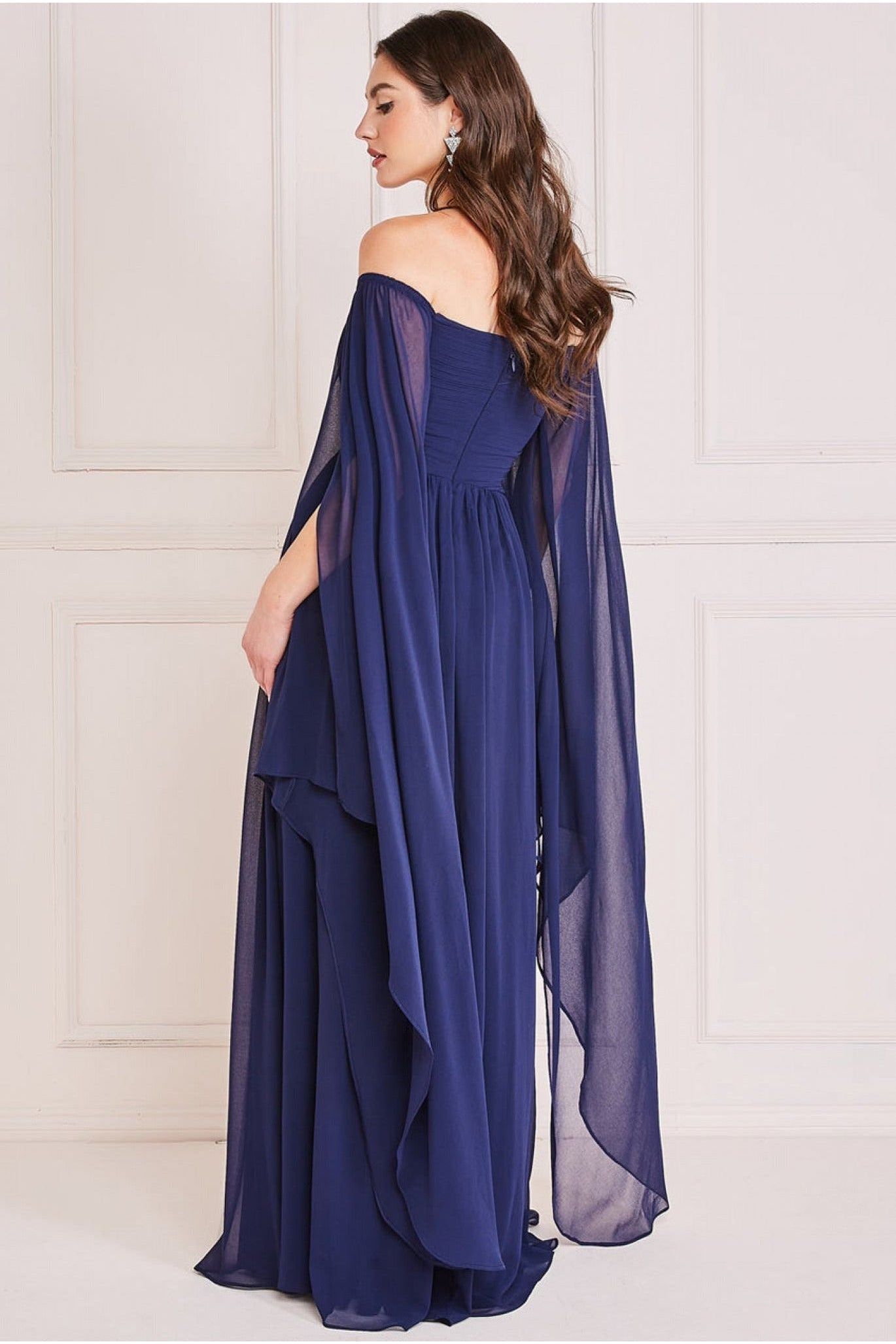 Chiffon Off The Shoulder Maxi With Cape Sleeves  - Navy by Goddiva