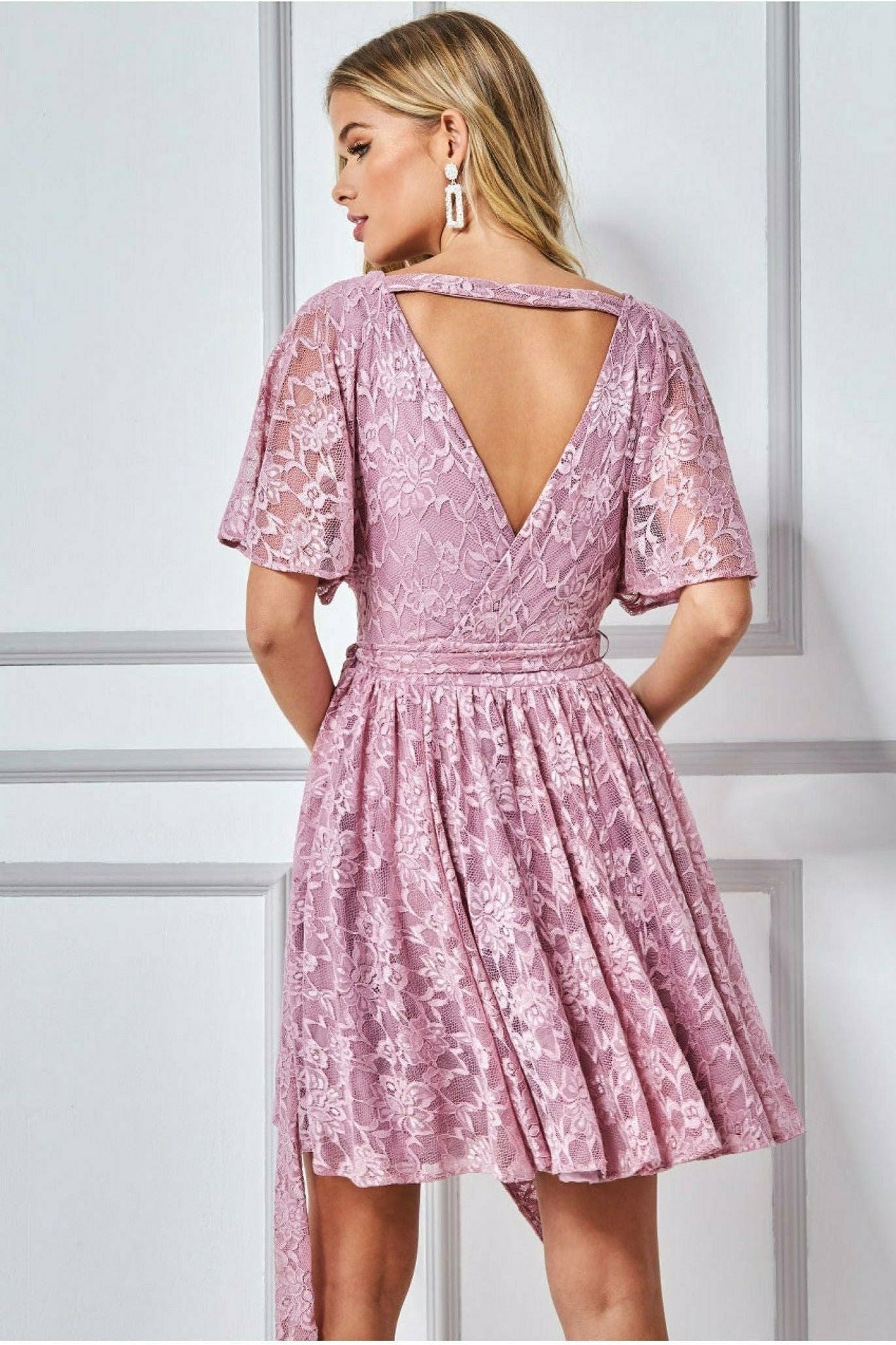 Lace Kimono Wrap Skater Mini Dress - Mauve by Goddiva