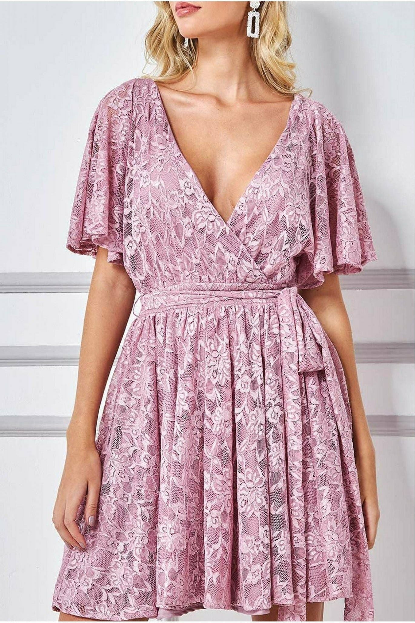 Lace Kimono Wrap Skater Mini Dress - Mauve by Goddiva