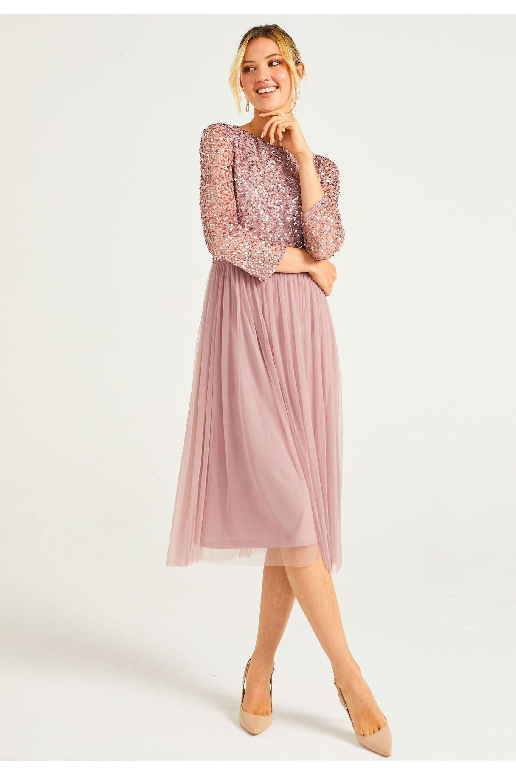 Embellished Sequin Long Sleeve Midi Dress In Lavender by Angeleye