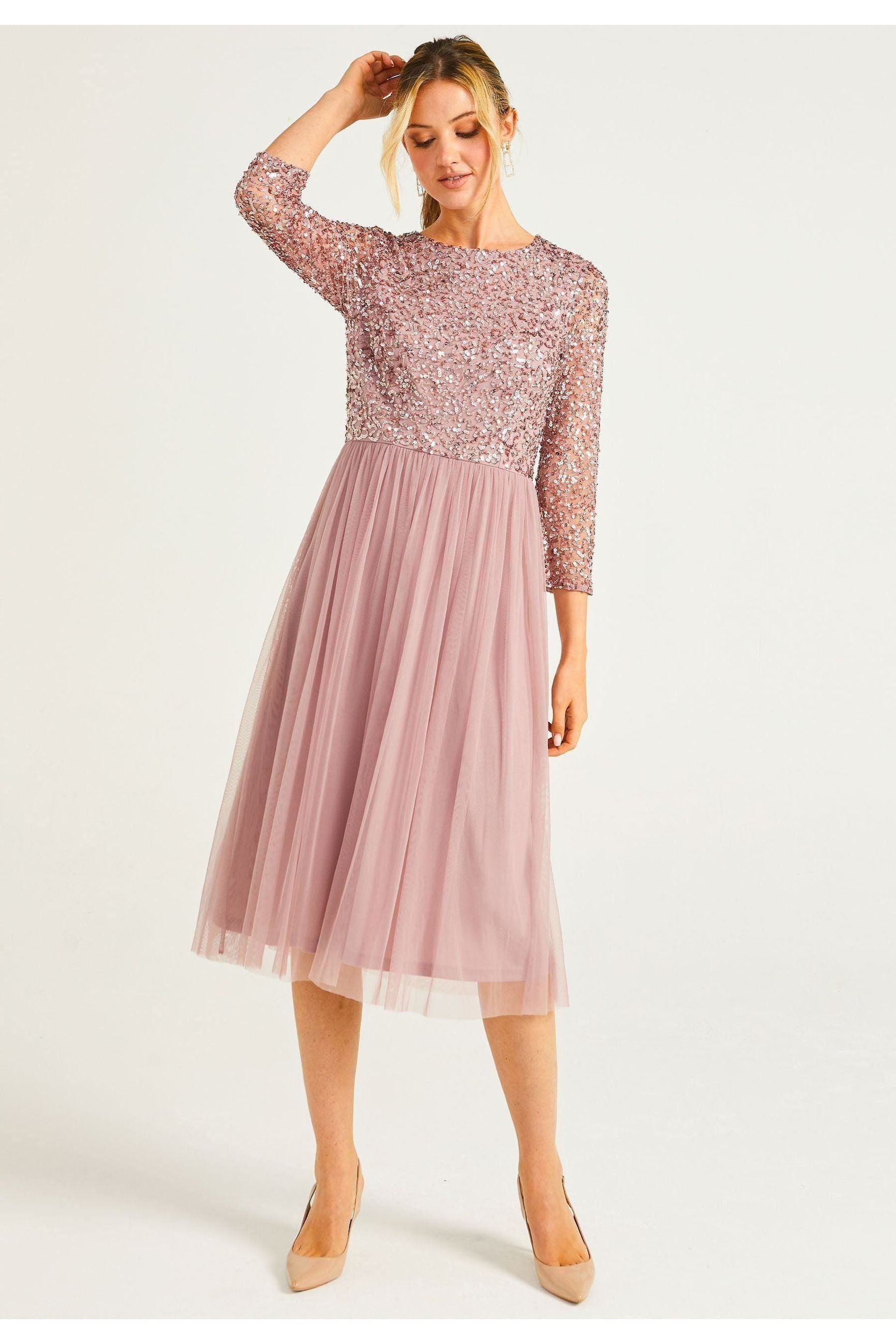 Embellished Sequin Long Sleeve Midi Dress In Lavender by Angeleye