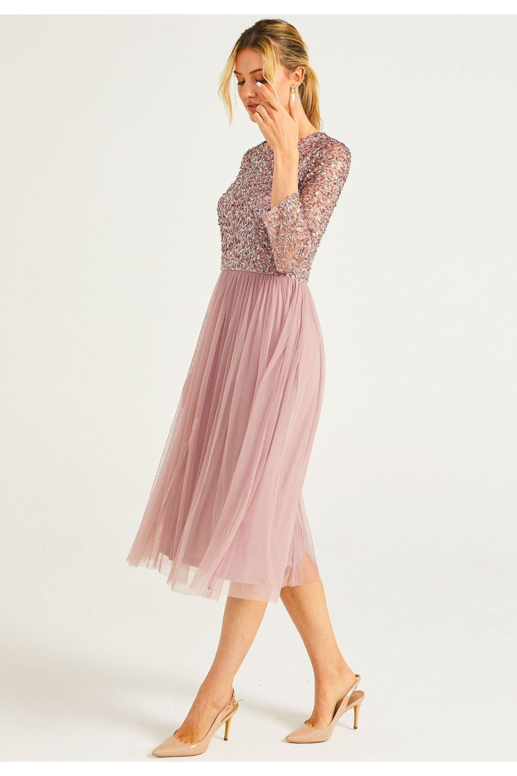 Embellished Sequin Long Sleeve Midi Dress In Lavender by Angeleye