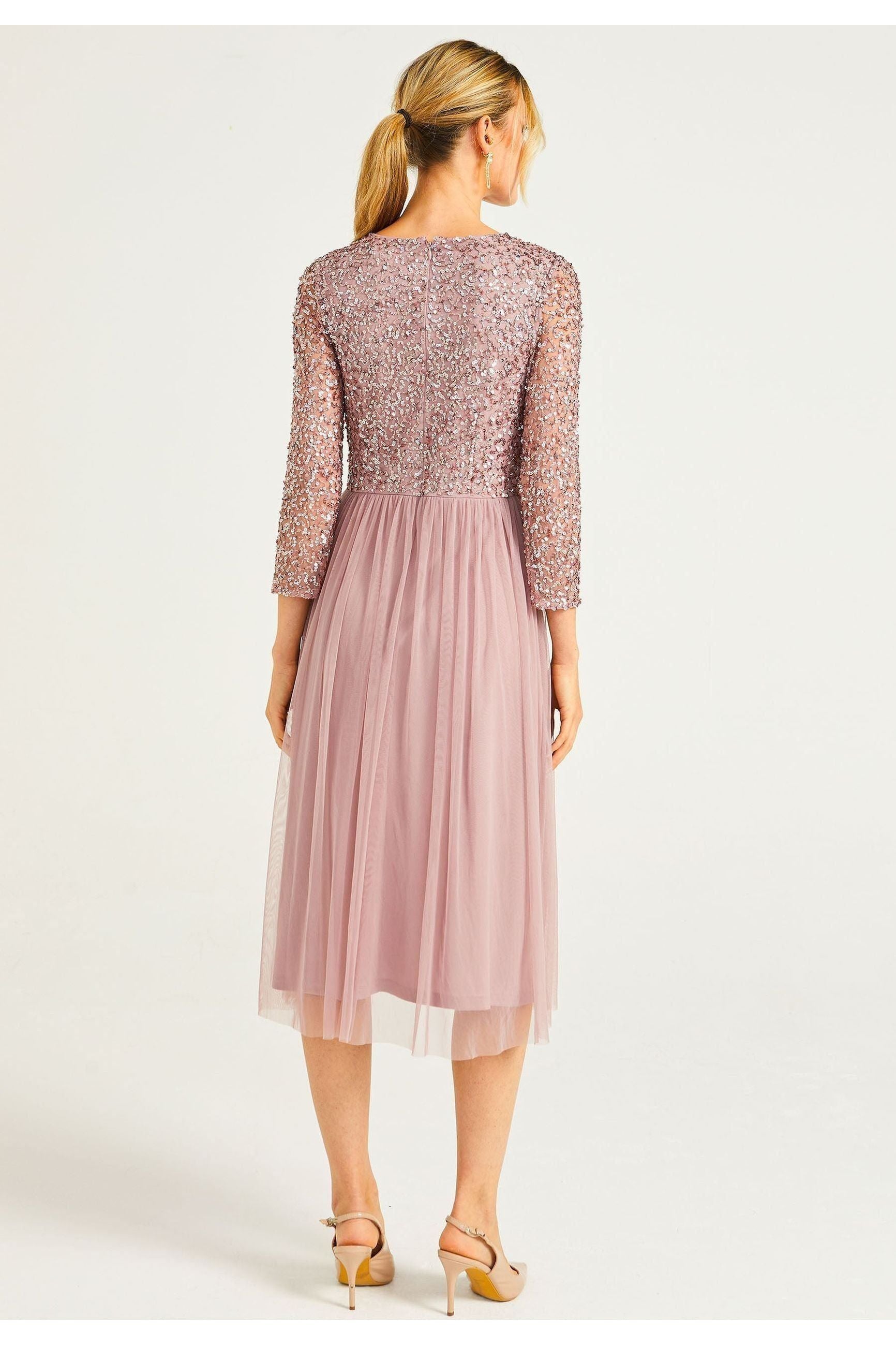 Embellished Sequin Long Sleeve Midi Dress In Lavender by Angeleye