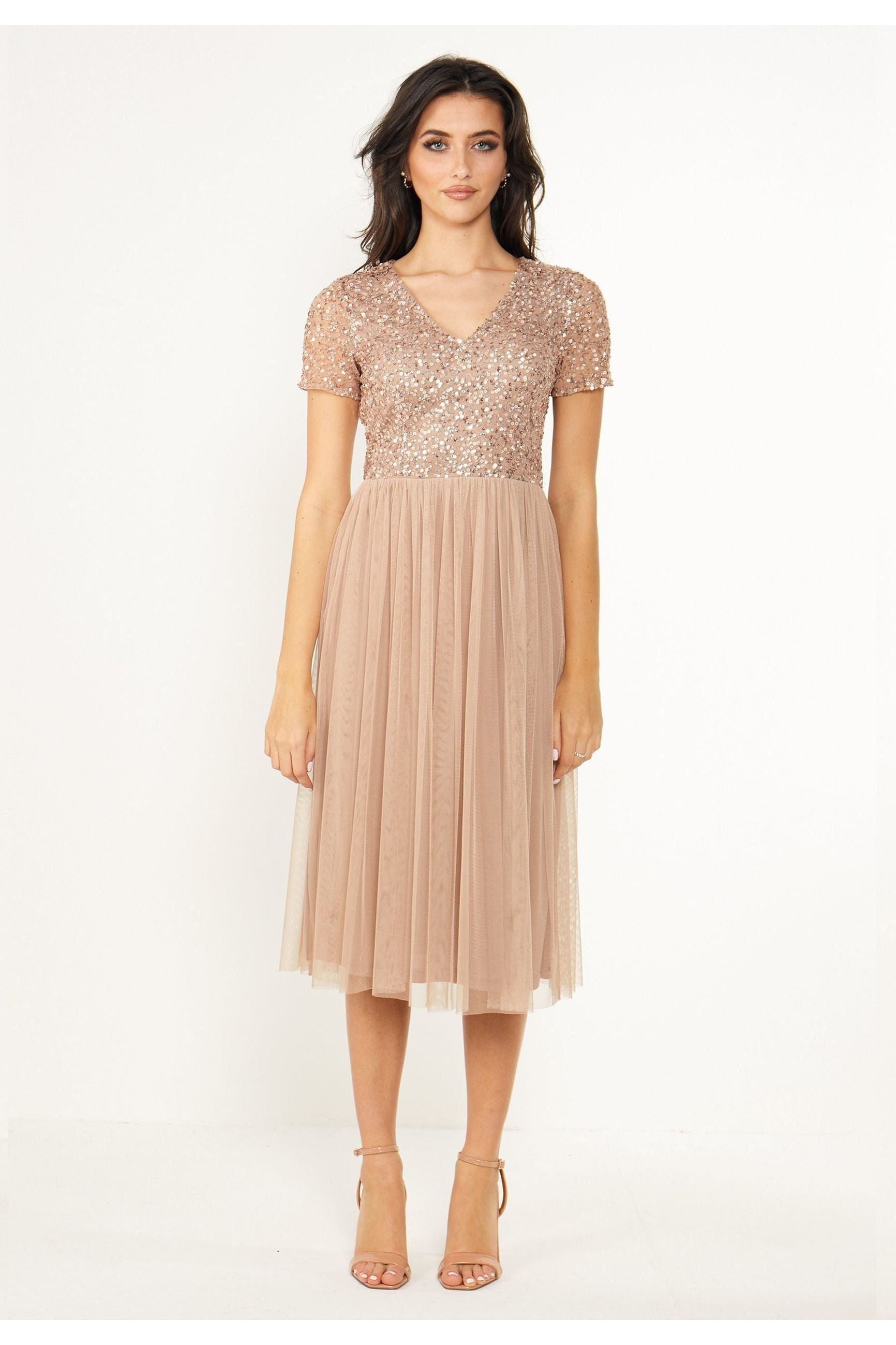 Embellished Sequin Baby Doll Midi Dress In Taupe by Angeleye