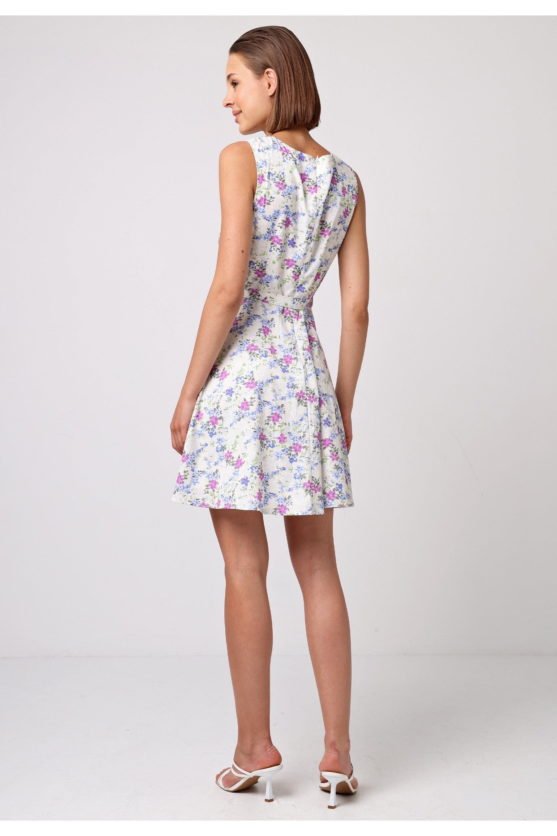 Skater Mini Dress With Tie Belt In White Floral by Angeleye