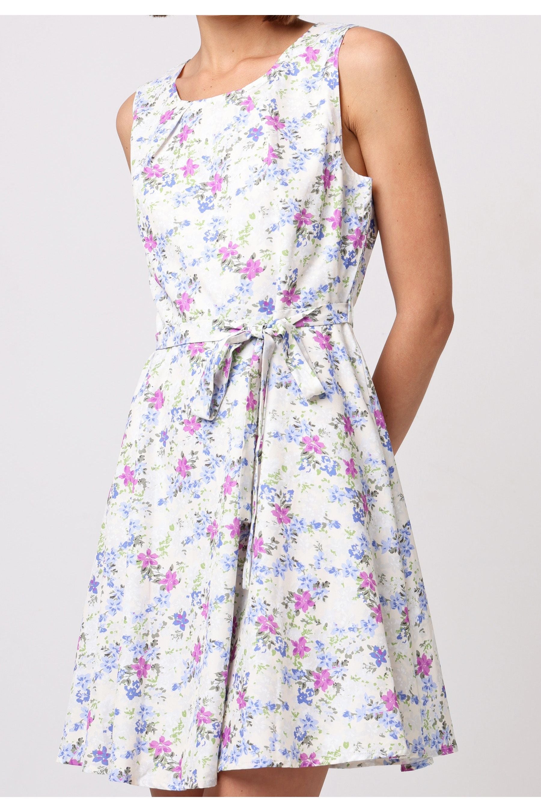 Skater Mini Dress With Tie Belt In White Floral by Angeleye