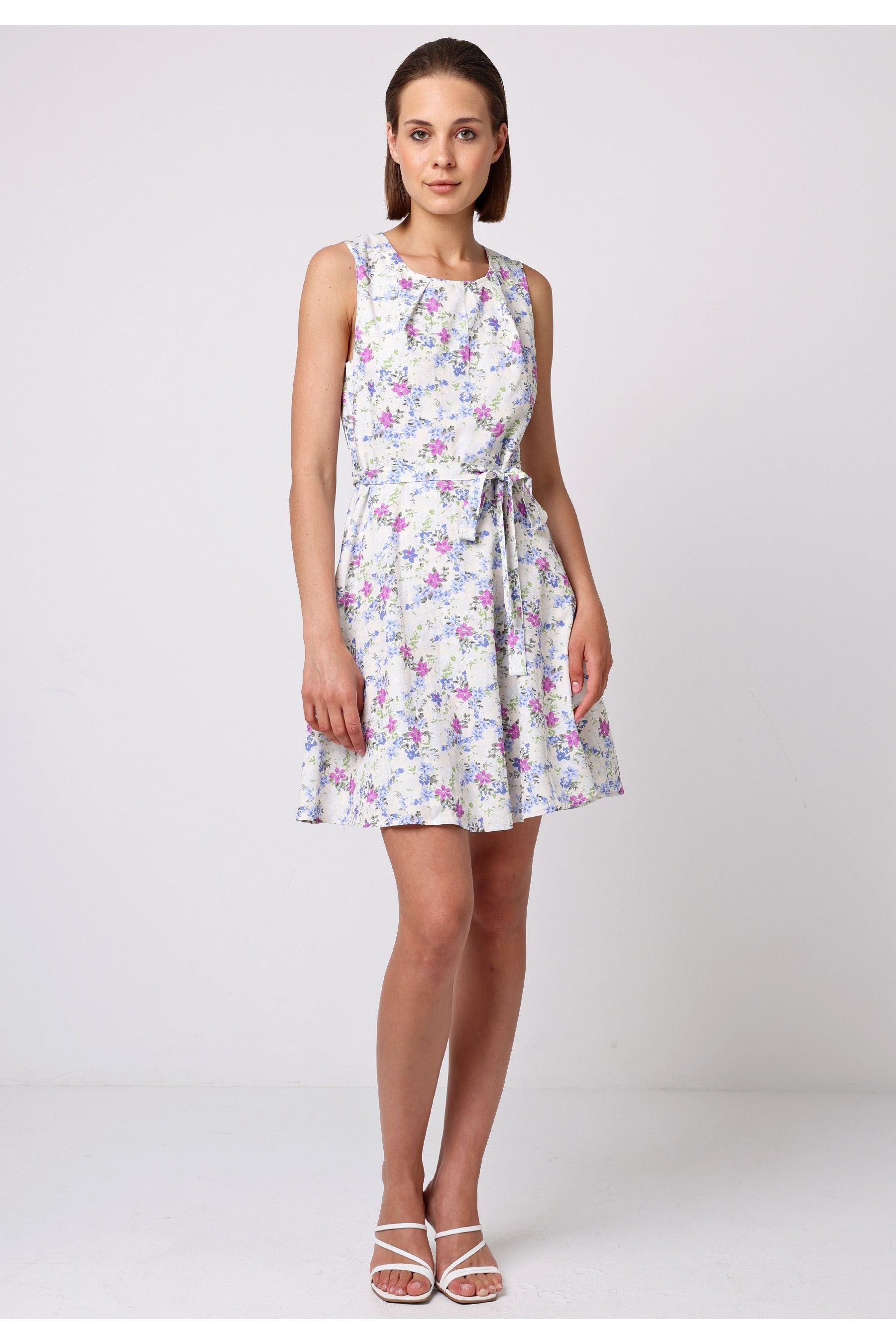 Skater Mini Dress With Tie Belt In White Floral by Angeleye