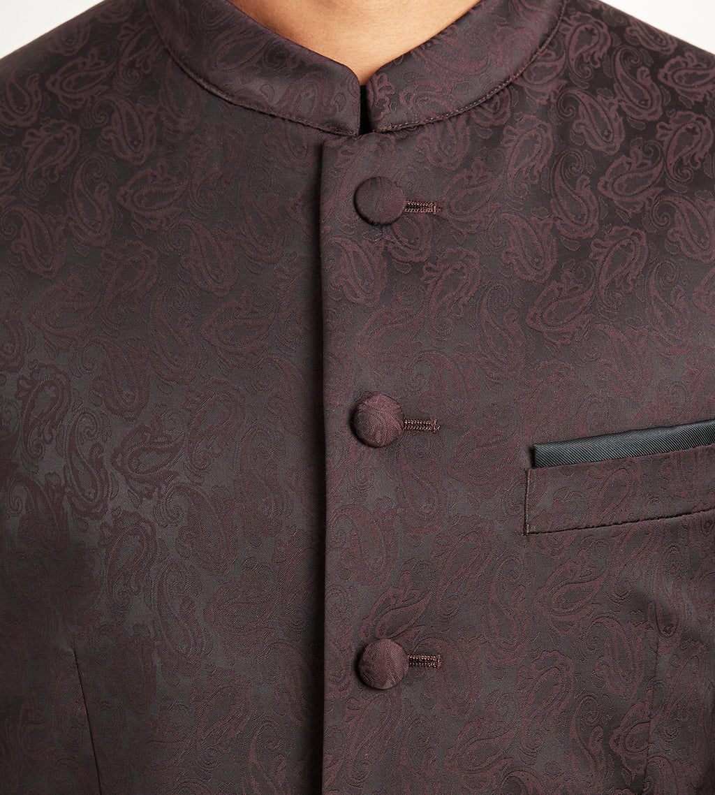 Modern Fit Burgundy Jacquard Nehru Suit