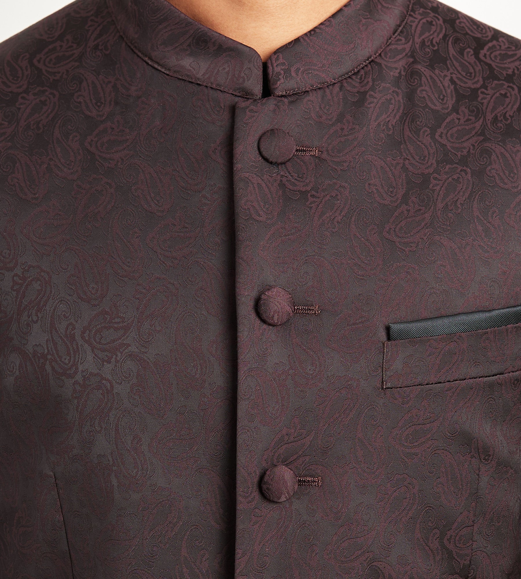 Modern Fit Burgundy Jacquard Nehru Suit