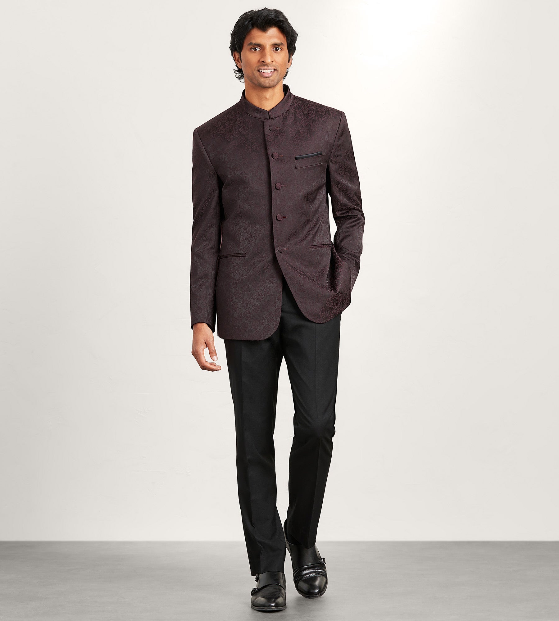 Modern Fit Burgundy Jacquard Nehru Suit