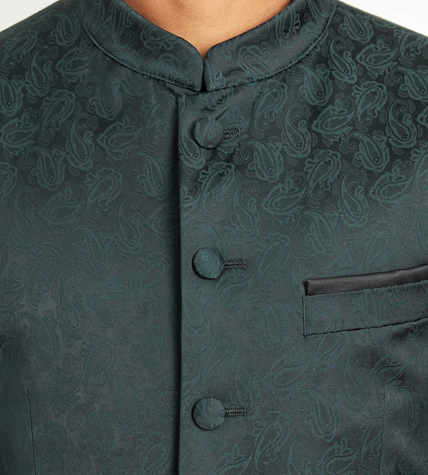 Modern Fit Forest Green Jacquard Nehru Suit