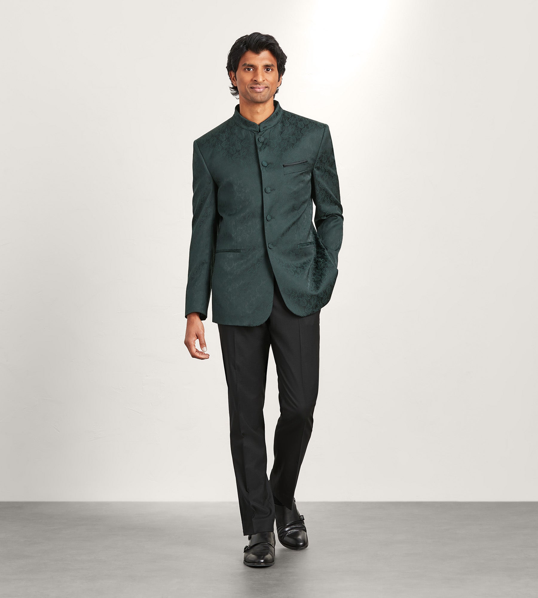 Modern Fit Forest Green Jacquard Nehru Suit