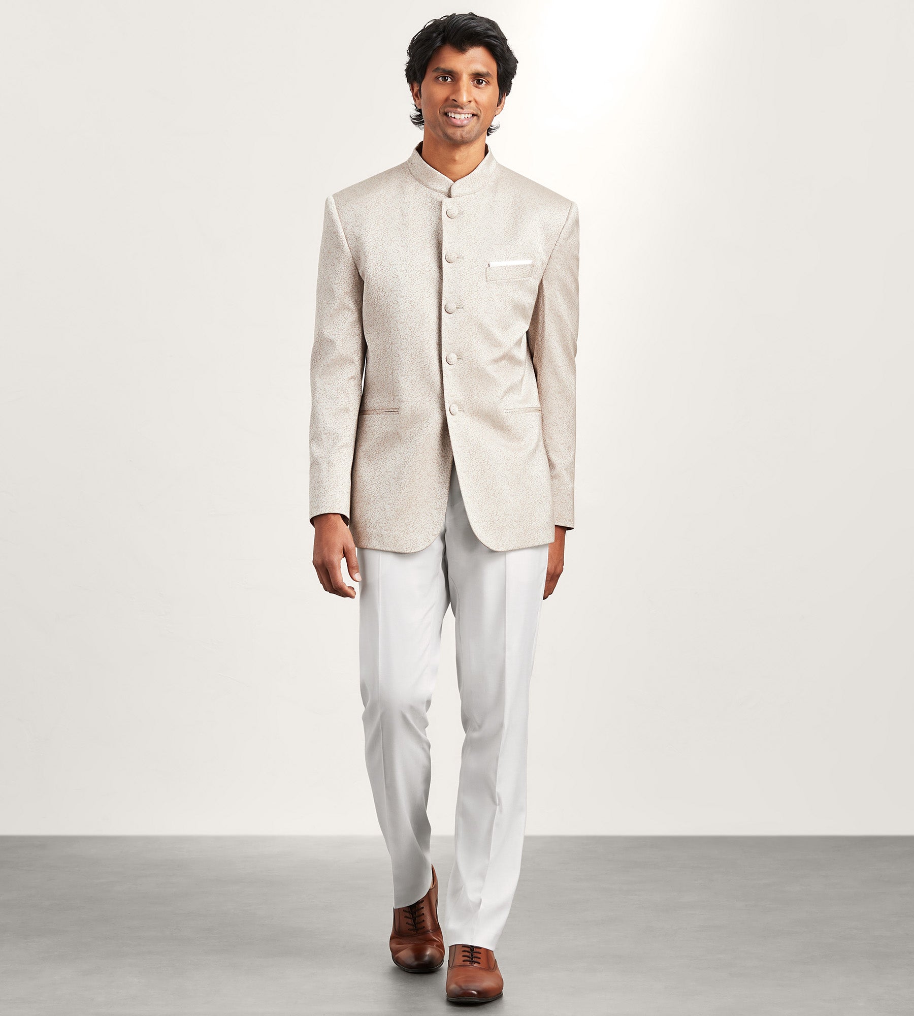 Modern Fit Ivory Jacquard Nehru Suit