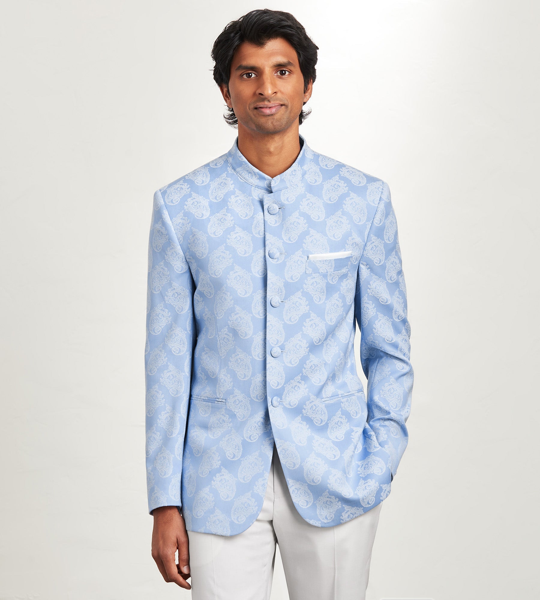 Modern Fit Blue Jacquard Nehru Suit