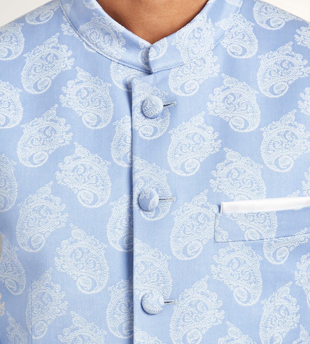 Modern Fit Blue Jacquard Nehru Suit