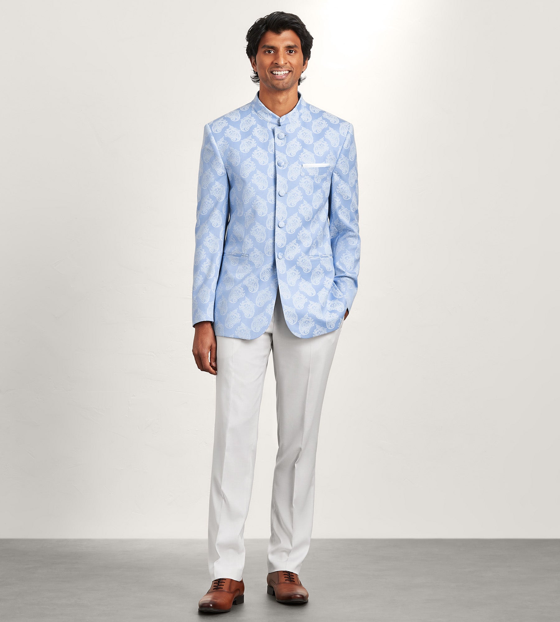 Modern Fit Blue Jacquard Nehru Suit