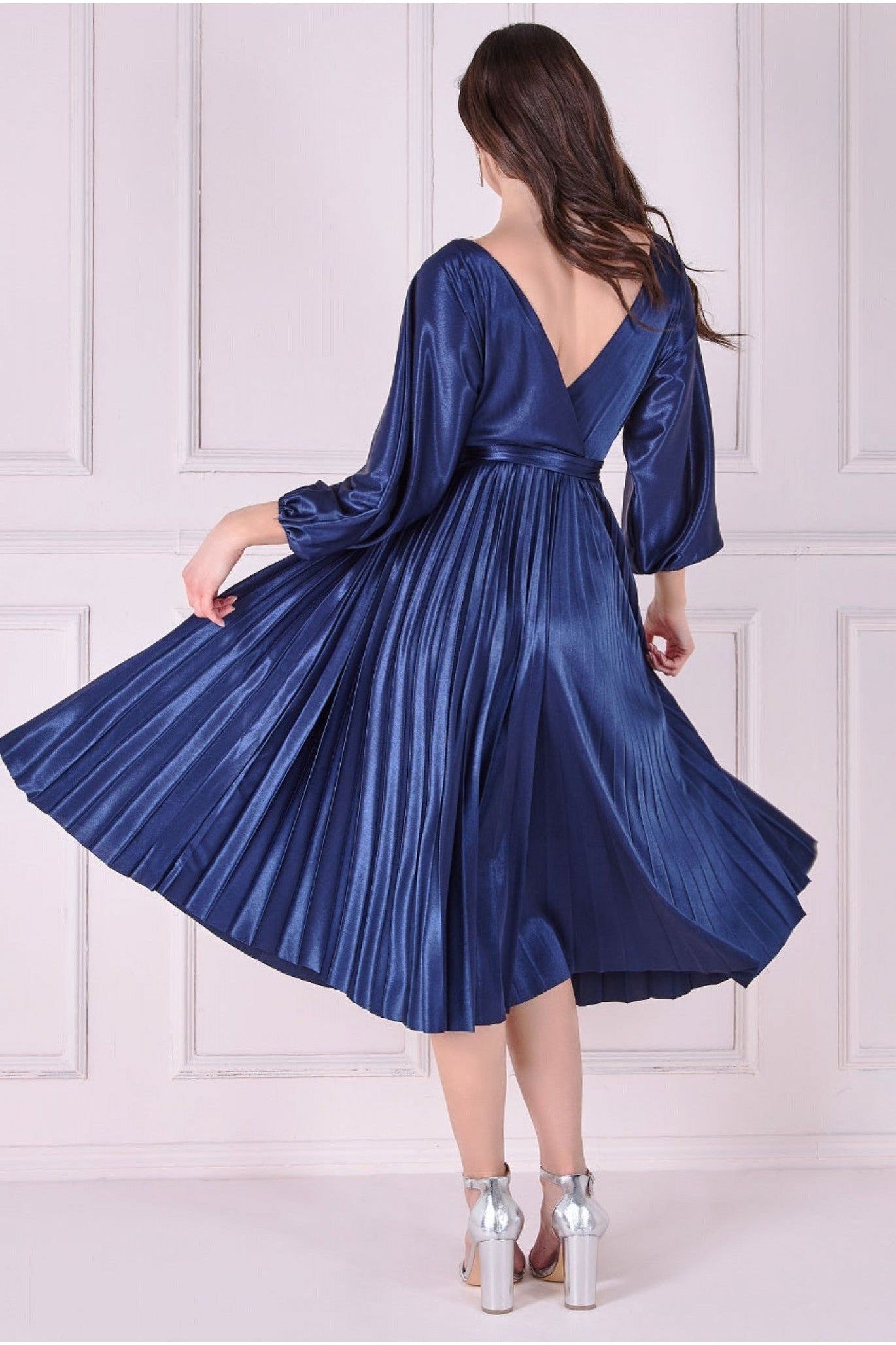 Satin Pleated Skirt Wrap Midi Dress - Navy by Goddiva