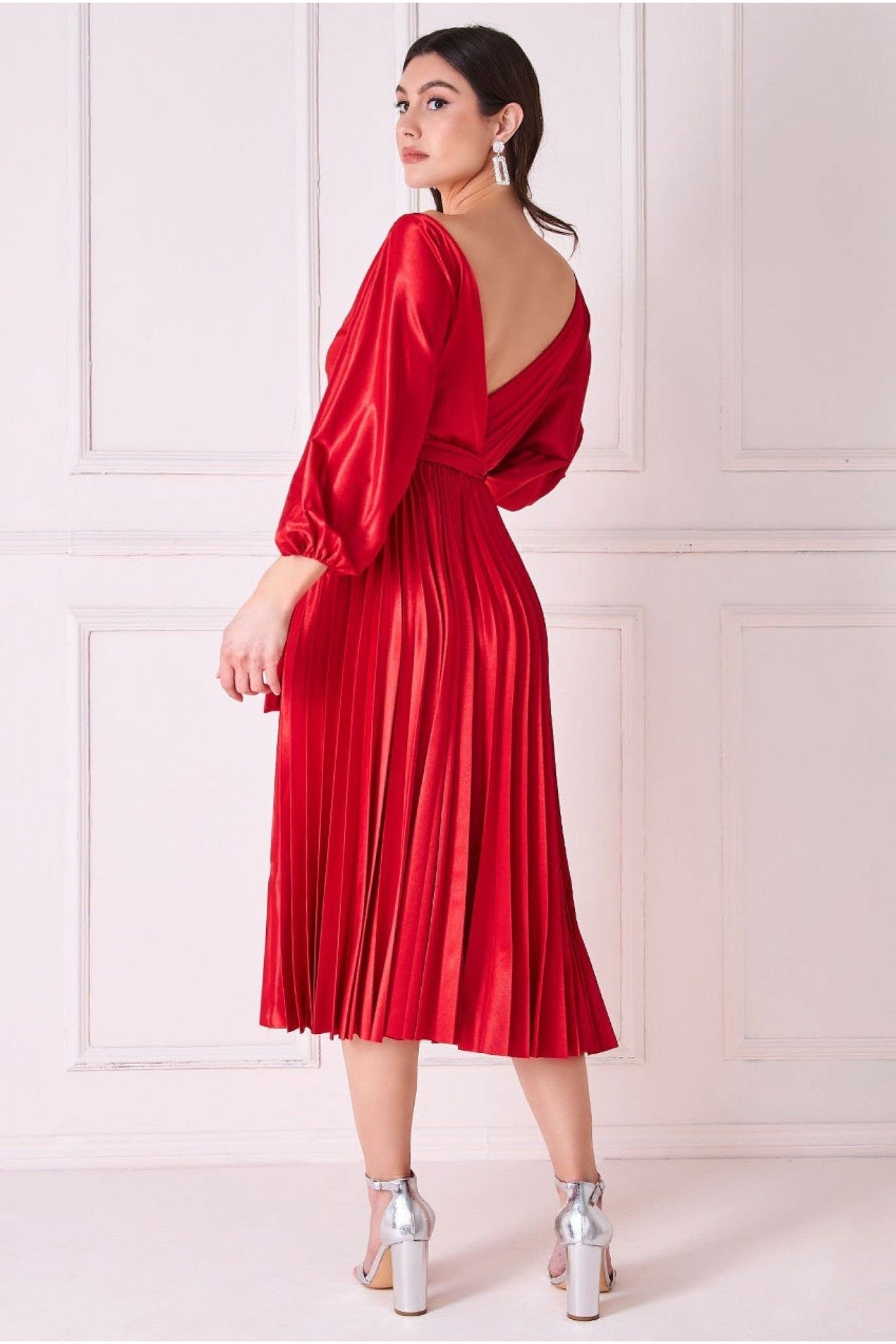 Satin Pleated Skirt Wrap Midi Dress - Red by Goddiva