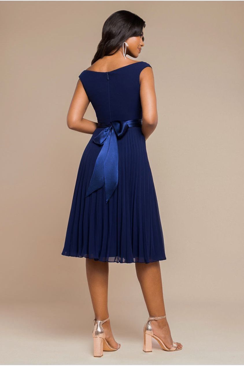 Cowl Neck Pleated A-Line Chiffon Midi Dress - Navy Blue by Goddiva