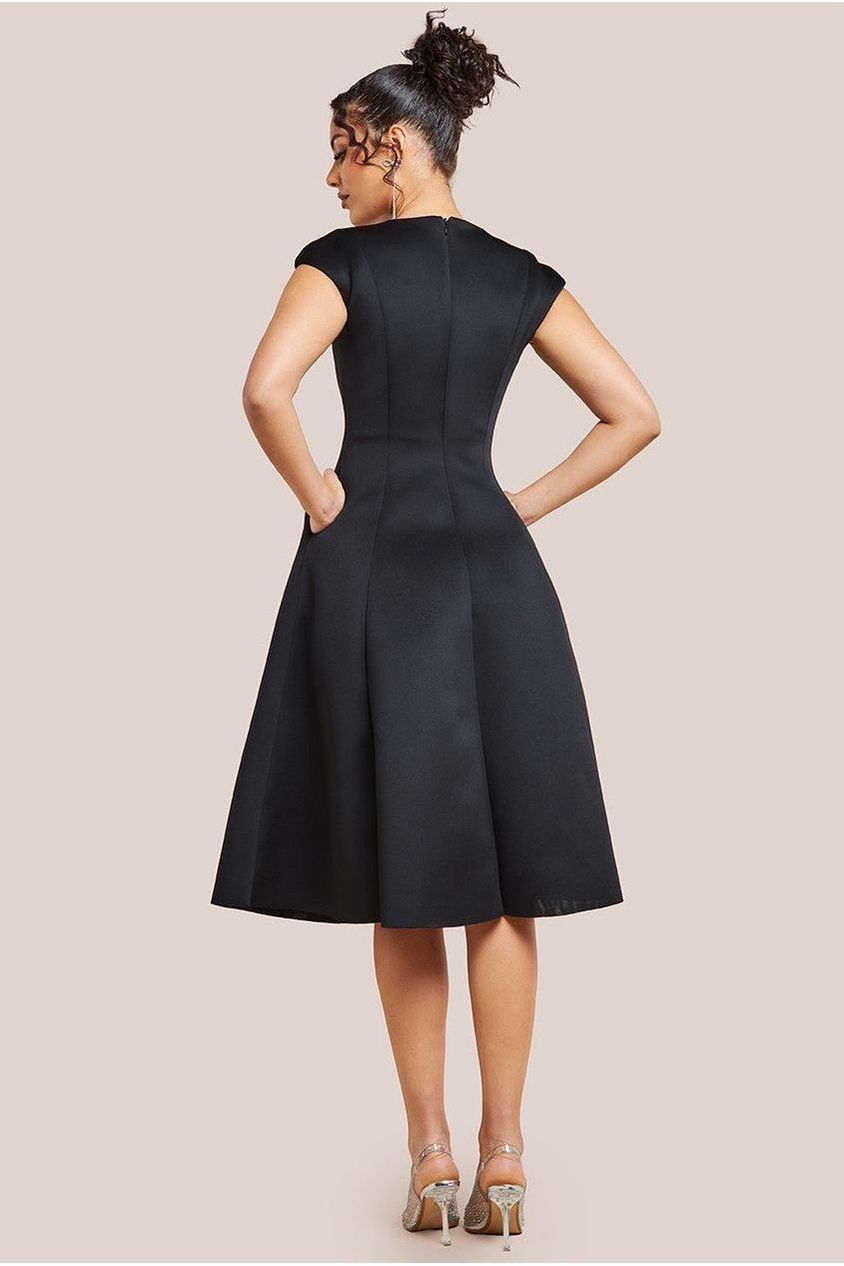 Cap Sleeve Plunging V-Neckline A-line Midi Dress - Black by Goddiva