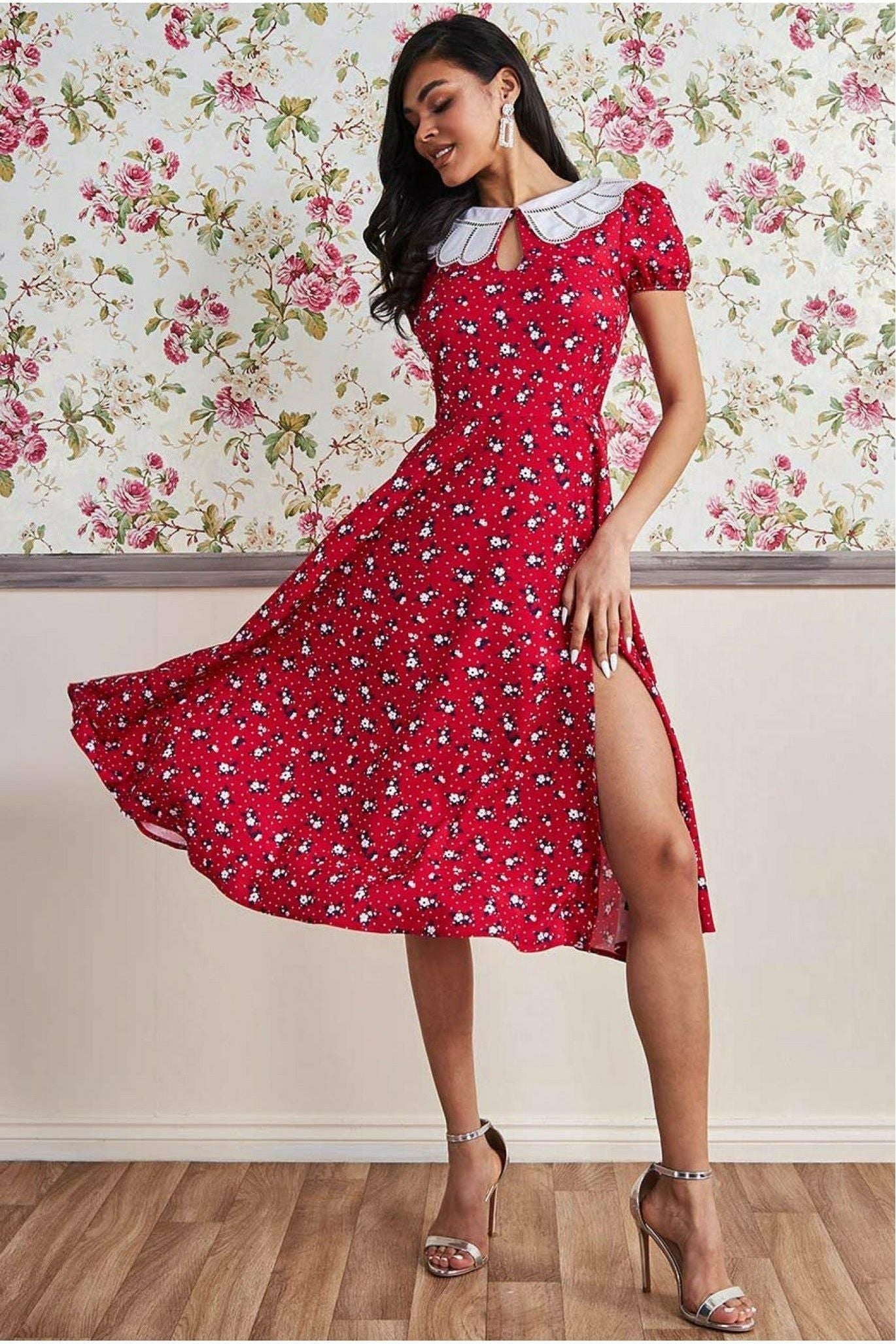 Printed Midi With Front Split - Red by Goddiva