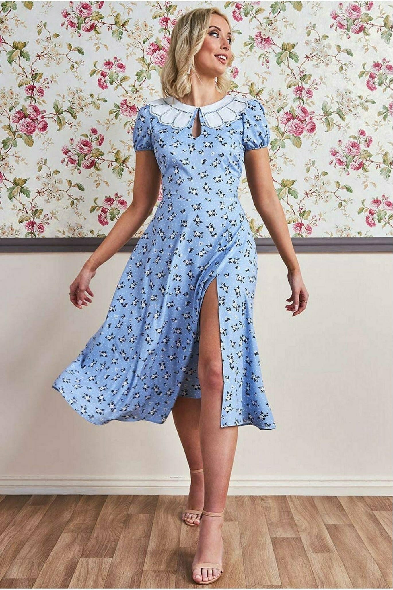 Printed Midi With Front Split - Powder Blue by Goddiva