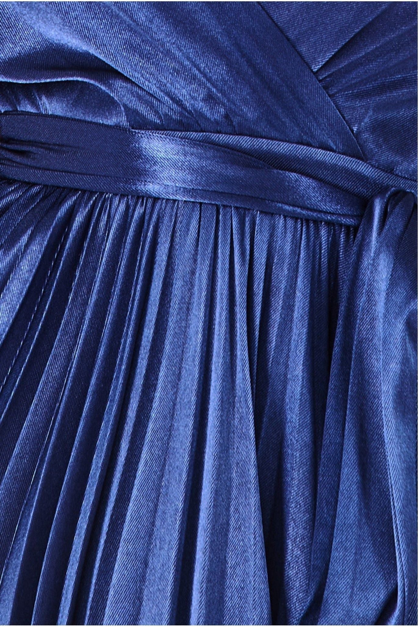 Satin Pleated Skirt Wrap Midi Dress - Navy by Goddiva