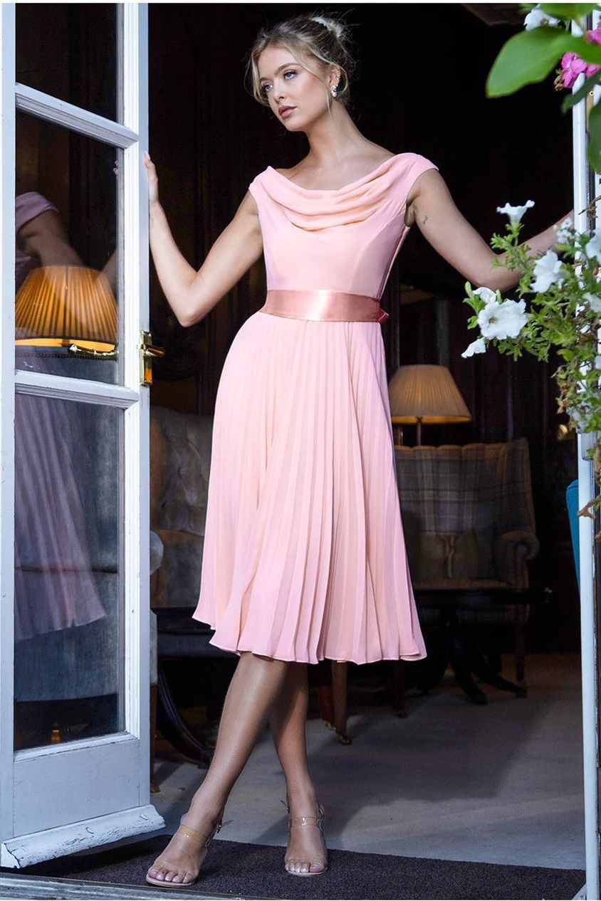 Cowl Neck Pleated A-Line Chiffon Midi Dress - Blush Pink by Goddiva