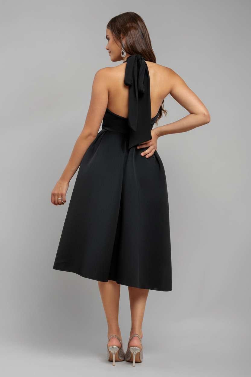 Halter Neck Pleated A-Line Midaxi Dress - Black by Goddiva