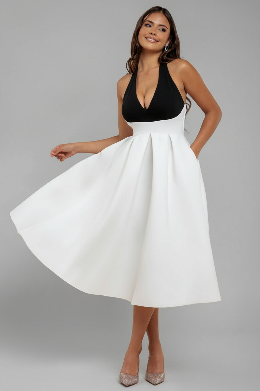 Contrast  Halter Neck Pleated A-Line Midaxi Dress - Black Cream by Goddiva