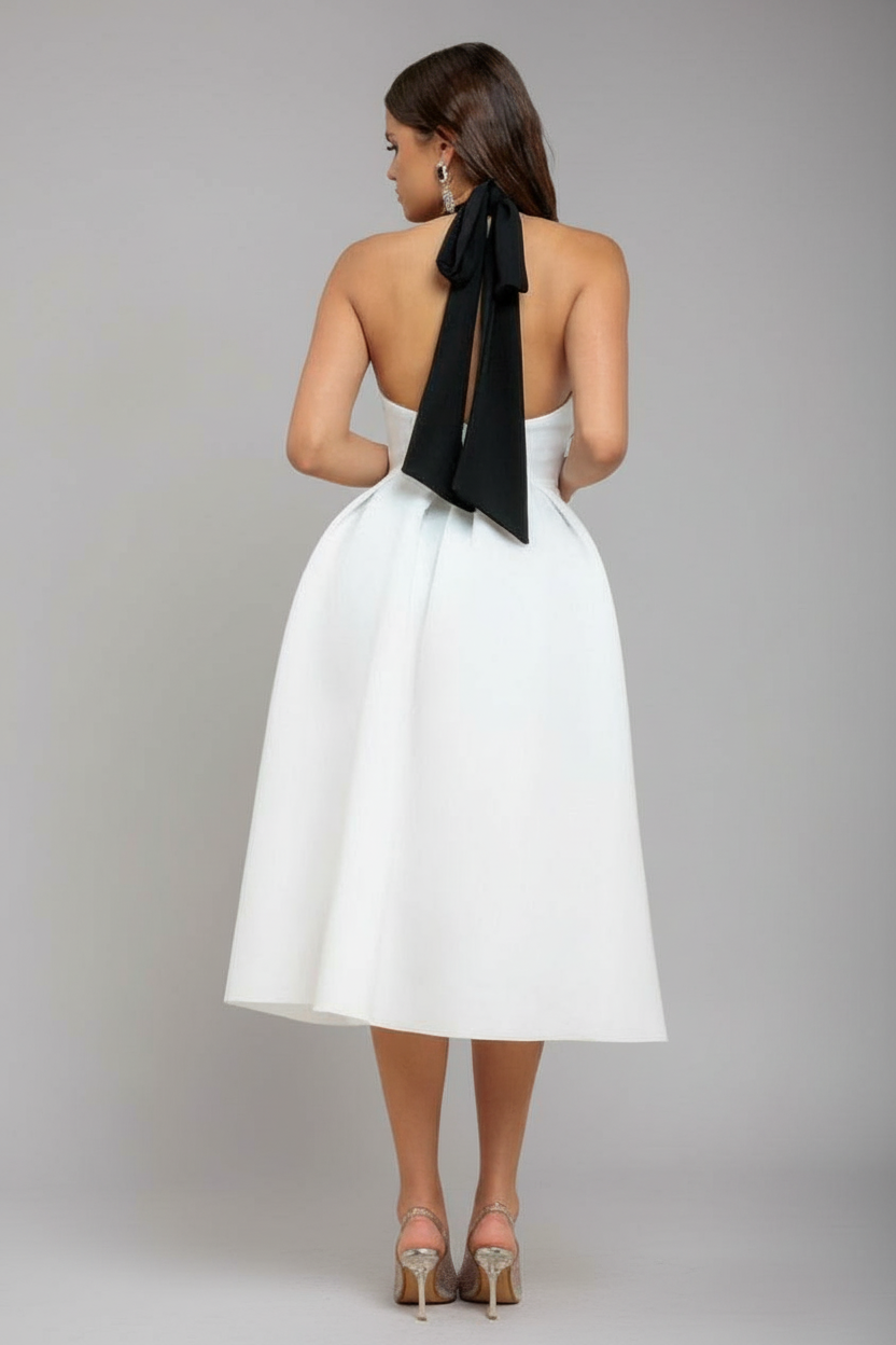 Contrast  Halter Neck Pleated A-Line Midaxi Dress - Black Cream by Goddiva