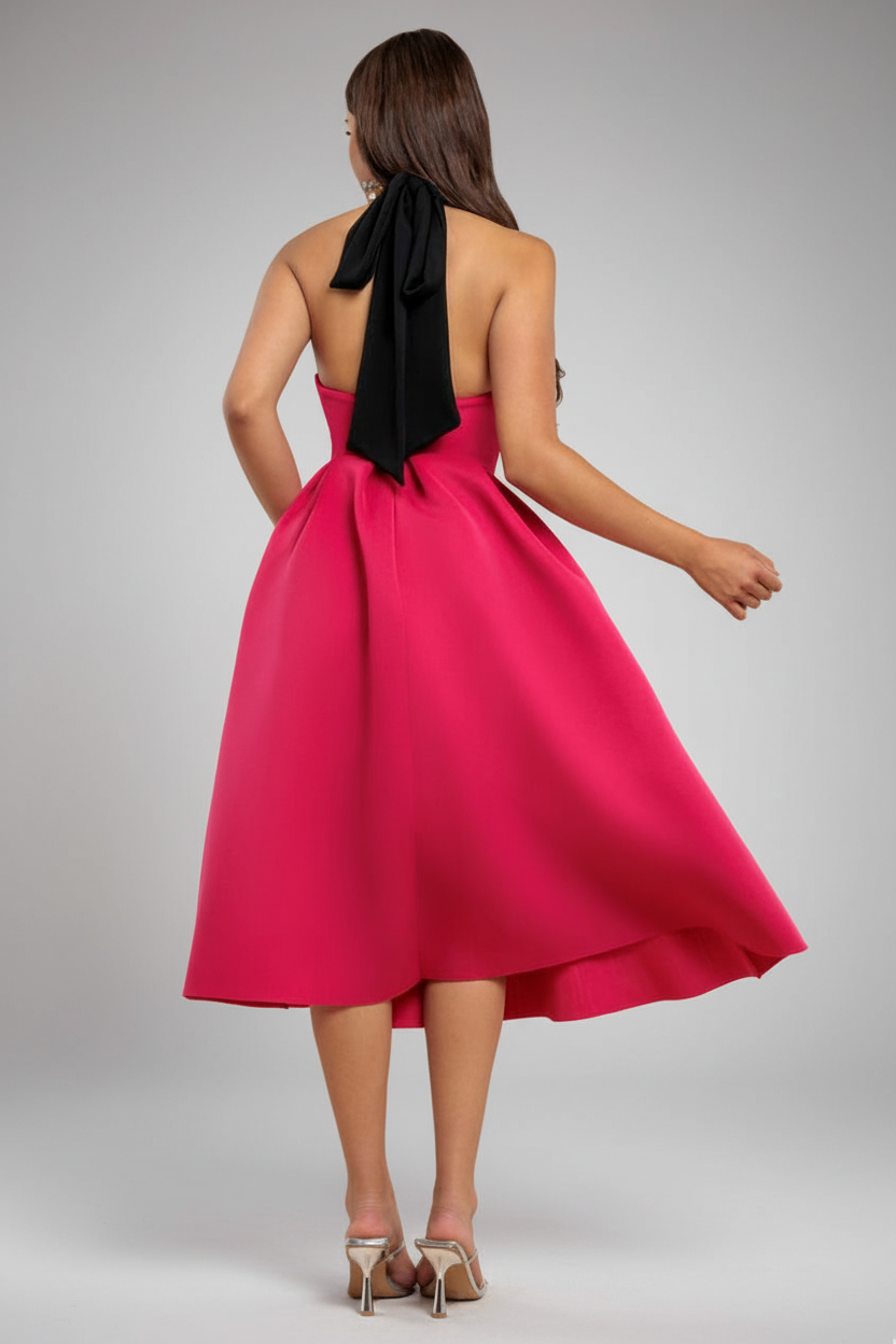 Contrast  Halter Neck Pleated A-Line Midaxi Dress - Black Magenta by Goddiva