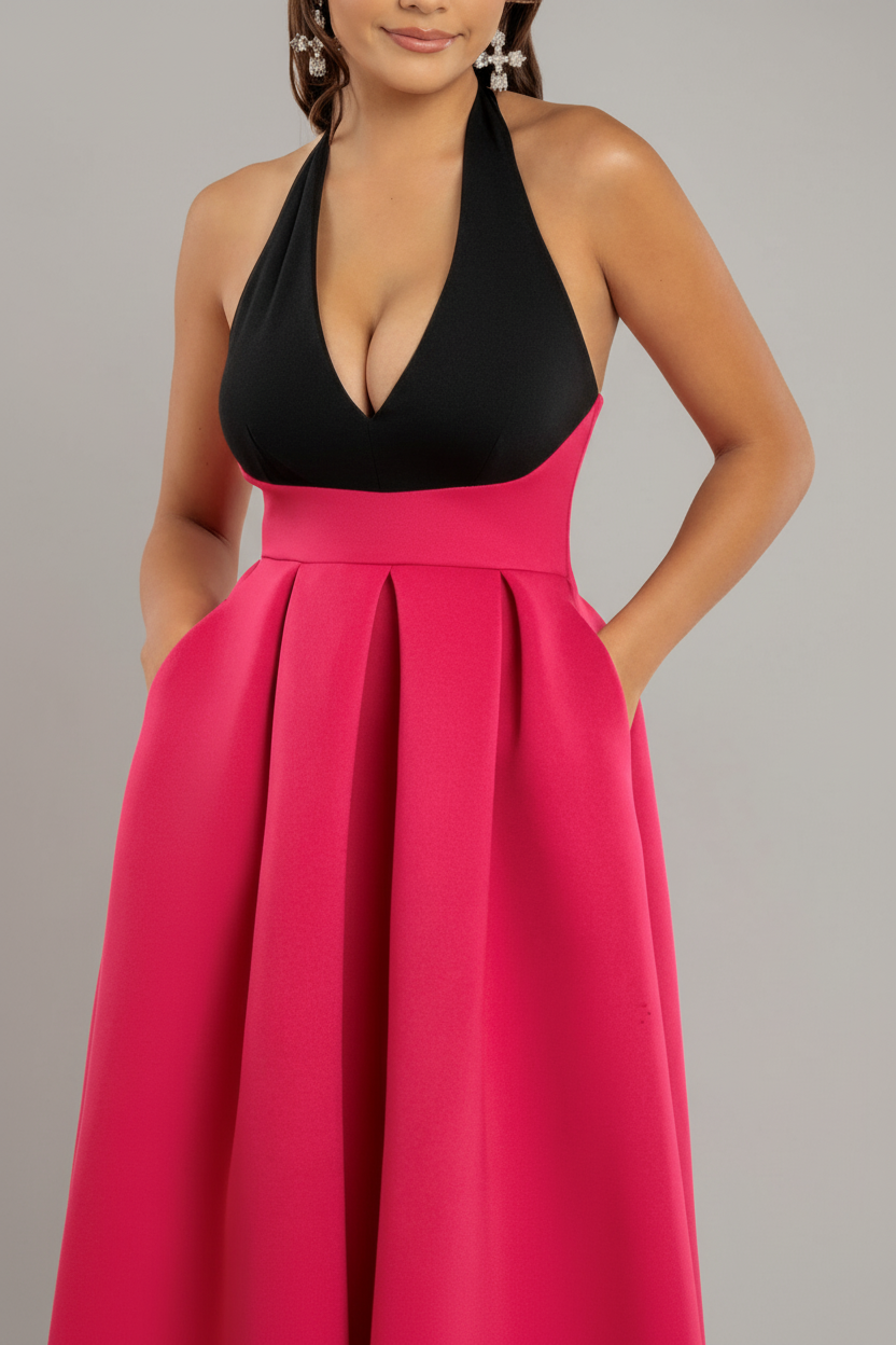 Contrast  Halter Neck Pleated A-Line Midaxi Dress - Black Magenta by Goddiva
