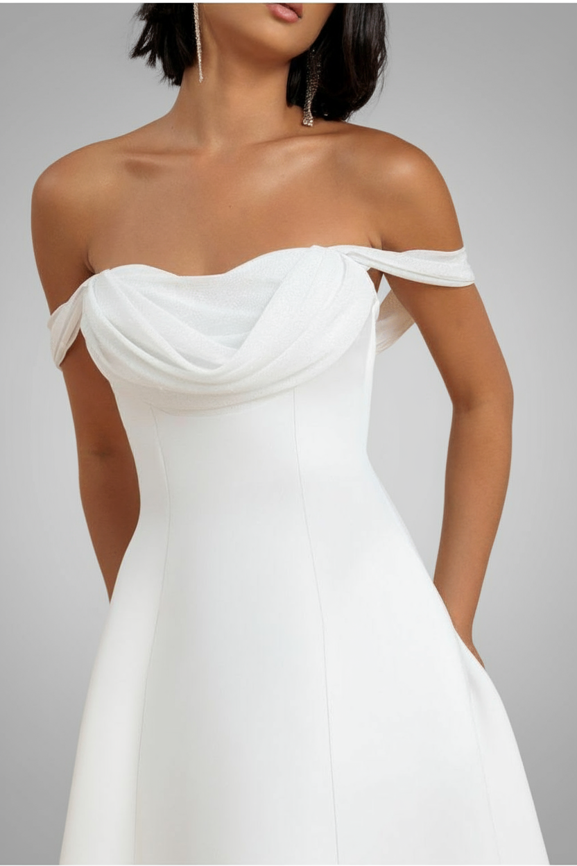 Sparkle Chiffon Cowl Bardot Skater Midi Dress - Cream by Goddiva