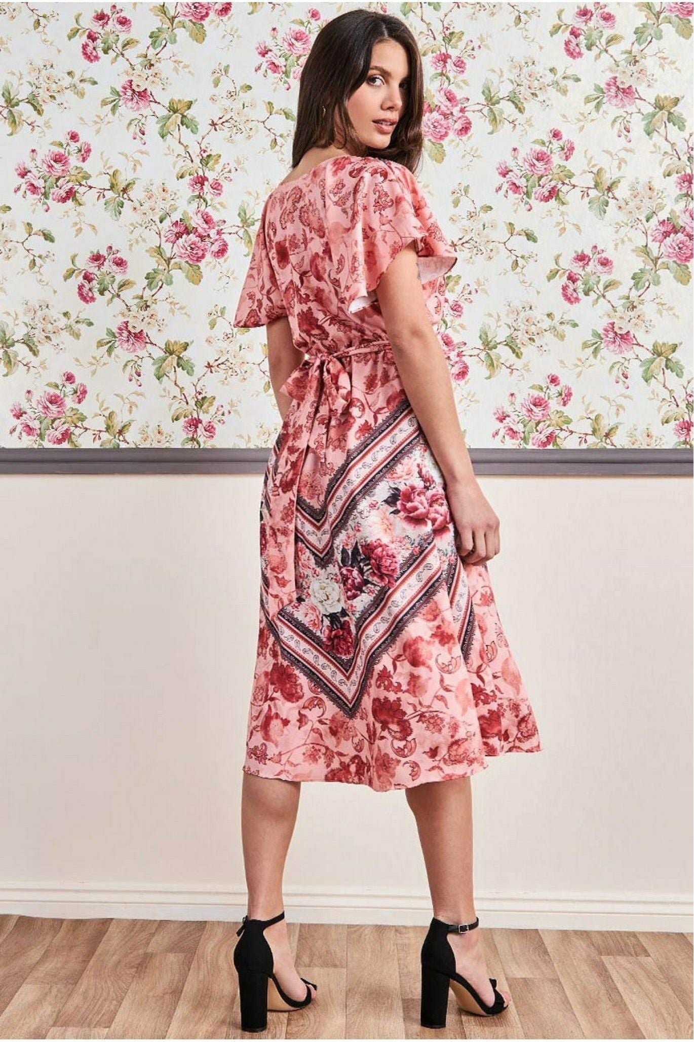 Flutter Sleeve Wrap Style Midi Dress - Peach by Goddiva